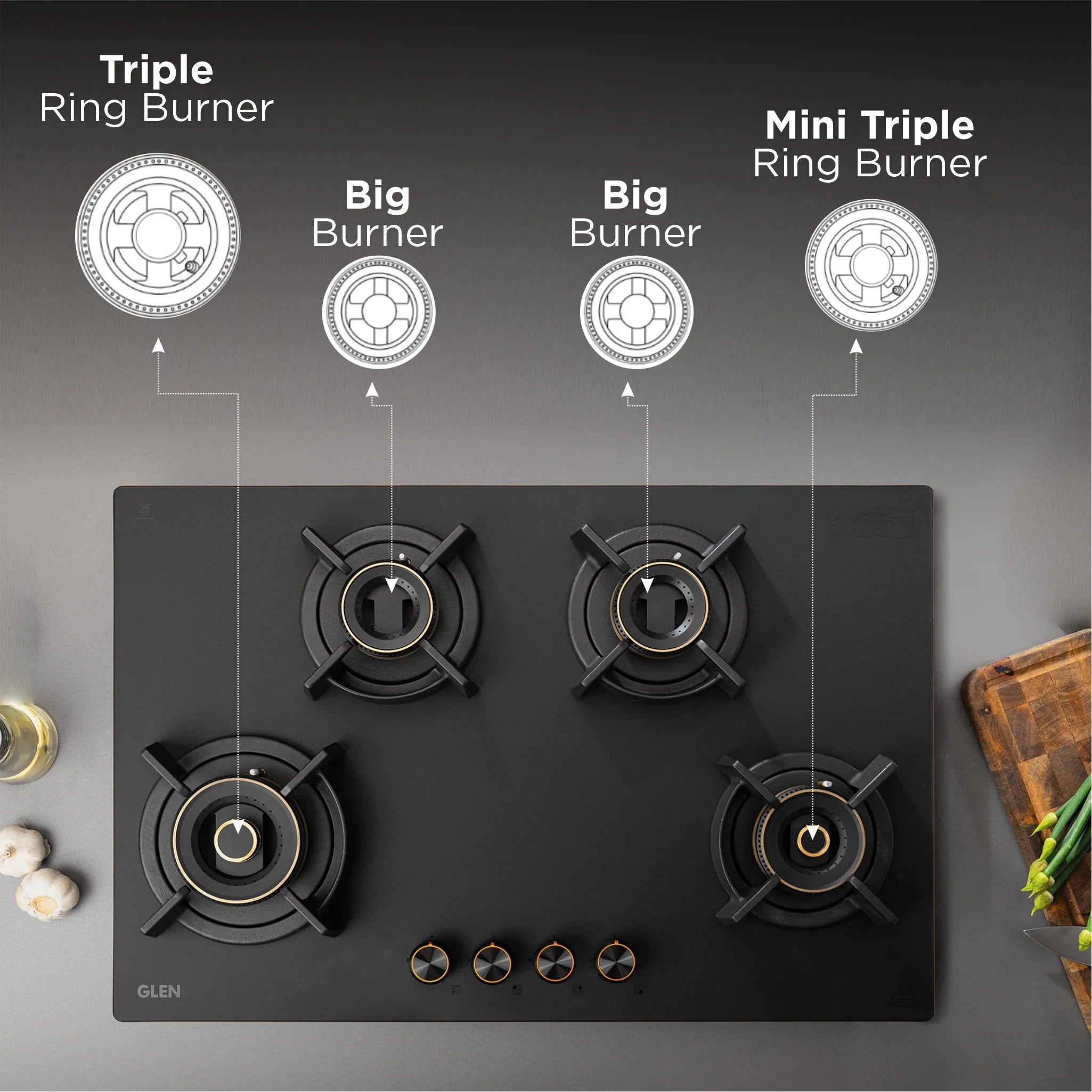 Glen 4 Burner DFVS Matte Glass Hob Top 2 Triple Ring Full Brass Burner Glen 4 Burner DFVS Matte Glass Hob Top 2 Triple Ring Full Brass Burner