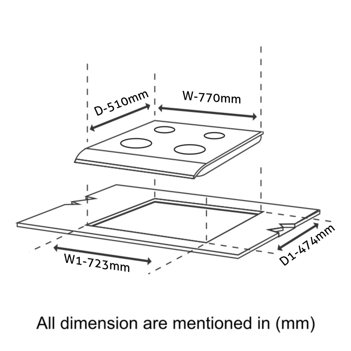 4 Burner DFVS Matte Glass Hob Top 2 Triple Ring Full Brass Burners Auto Ignition (BH-1074RCIHTDFT2TRMG)