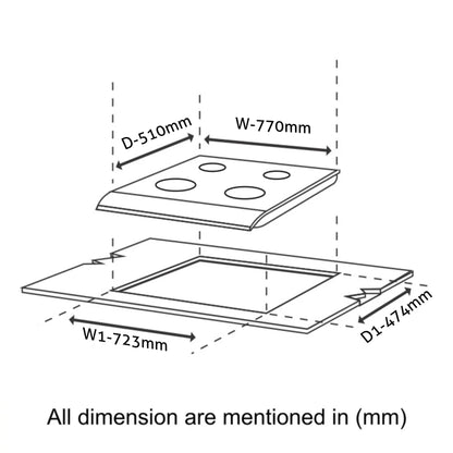4 Burner DFVS Matte Glass Hob Top 2 Triple Ring Full Brass Burners Auto Ignition (BH-1074RCIHTDFT2TRMG)