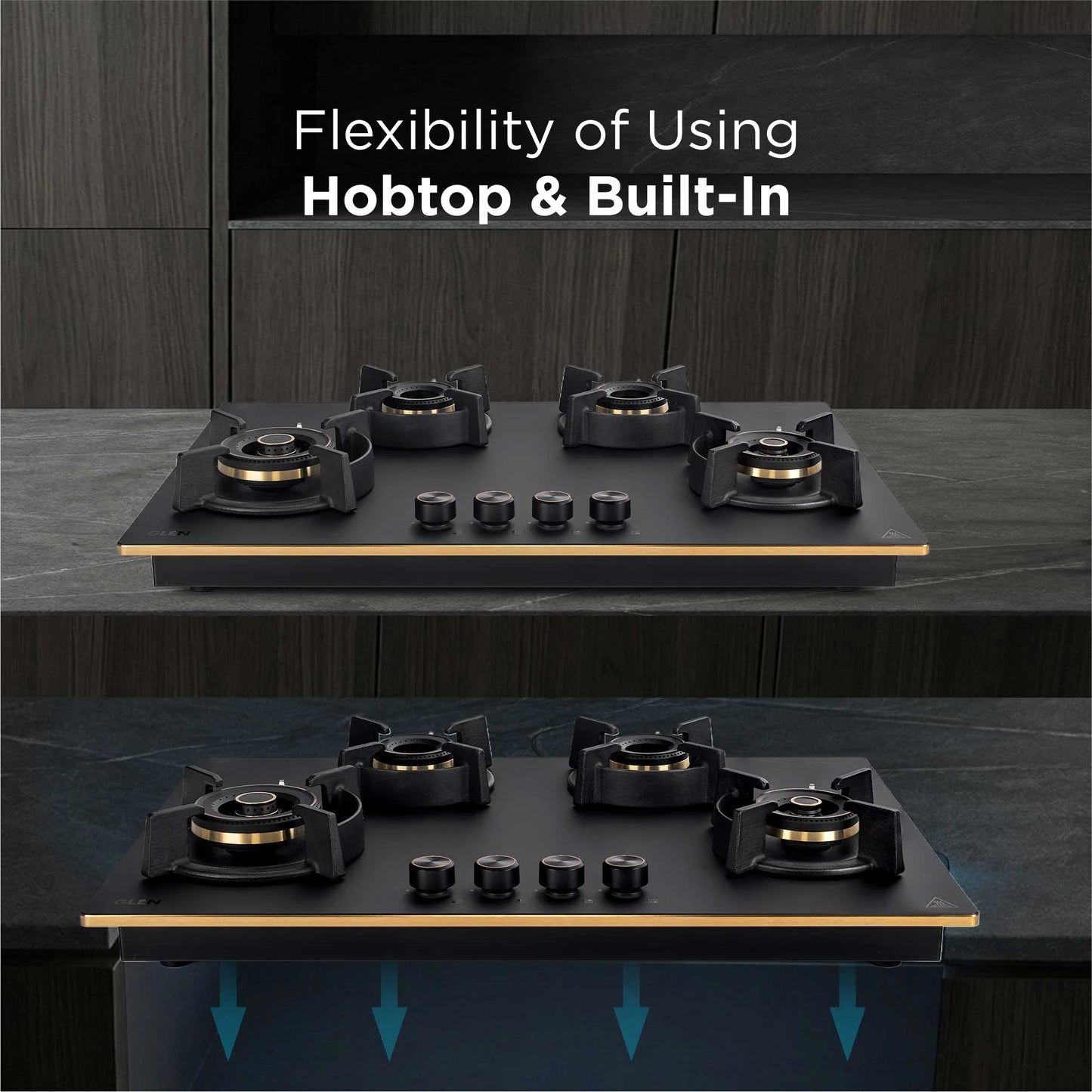 4 Burner DFVS Matte Glass Hob Top 2 Triple Ring Full Brass Burners Auto Ignition (BH-1074RCIHTDFT2TRMG)