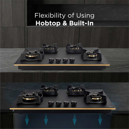 4 Burner DFVS Matte Glass Hob Top 2 Triple Ring Full Brass Burners Auto Ignition (BH-1074RCIHTDFT2TRMG)