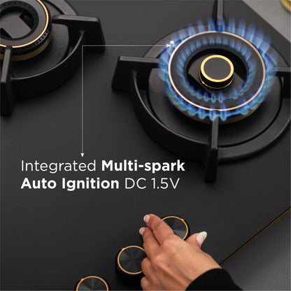 4 Burner DFVS Matte Glass Hob Top 2 Triple Ring Full Brass Burners Auto Ignition (BH-1074RCIHTDFT2TRMG)
