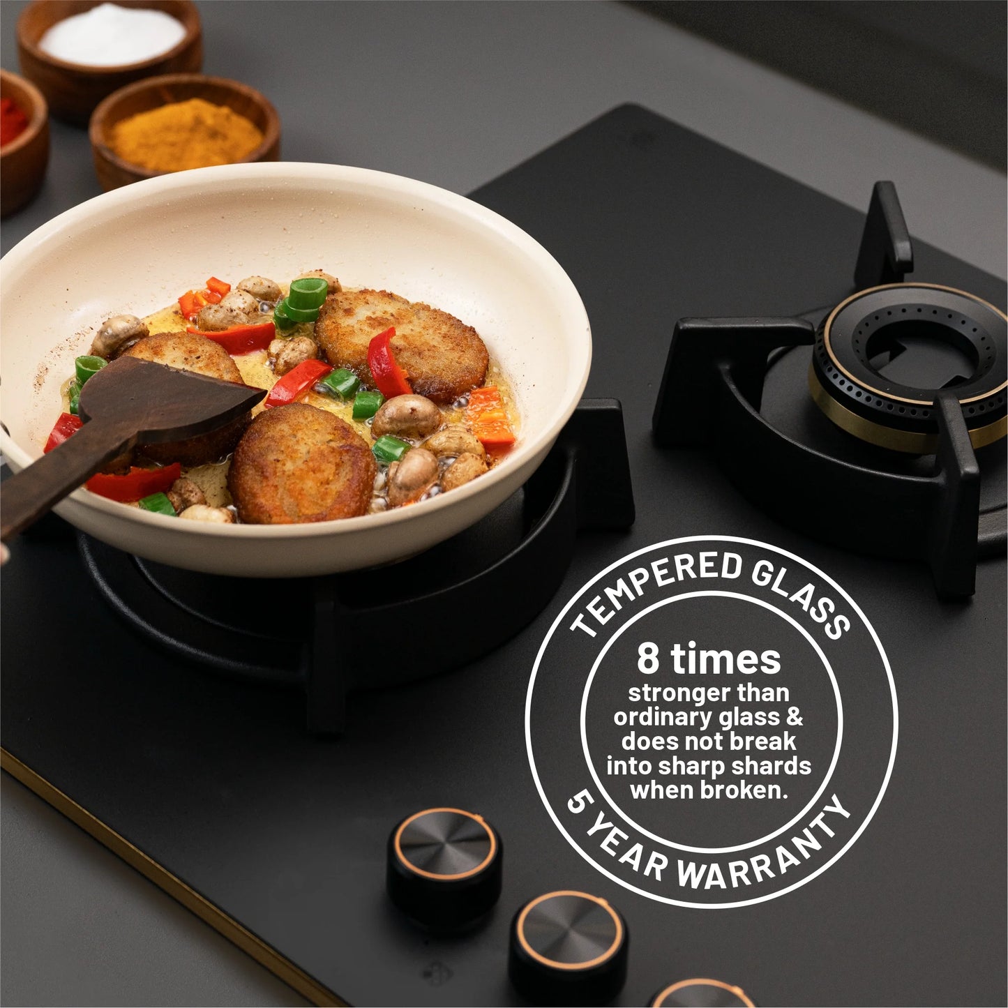 4 Burner DFVS Matte Glass Hob Top 2 Triple Ring Full Brass Burners Auto Ignition (BH-1074RCIHTDFT2TRMG)