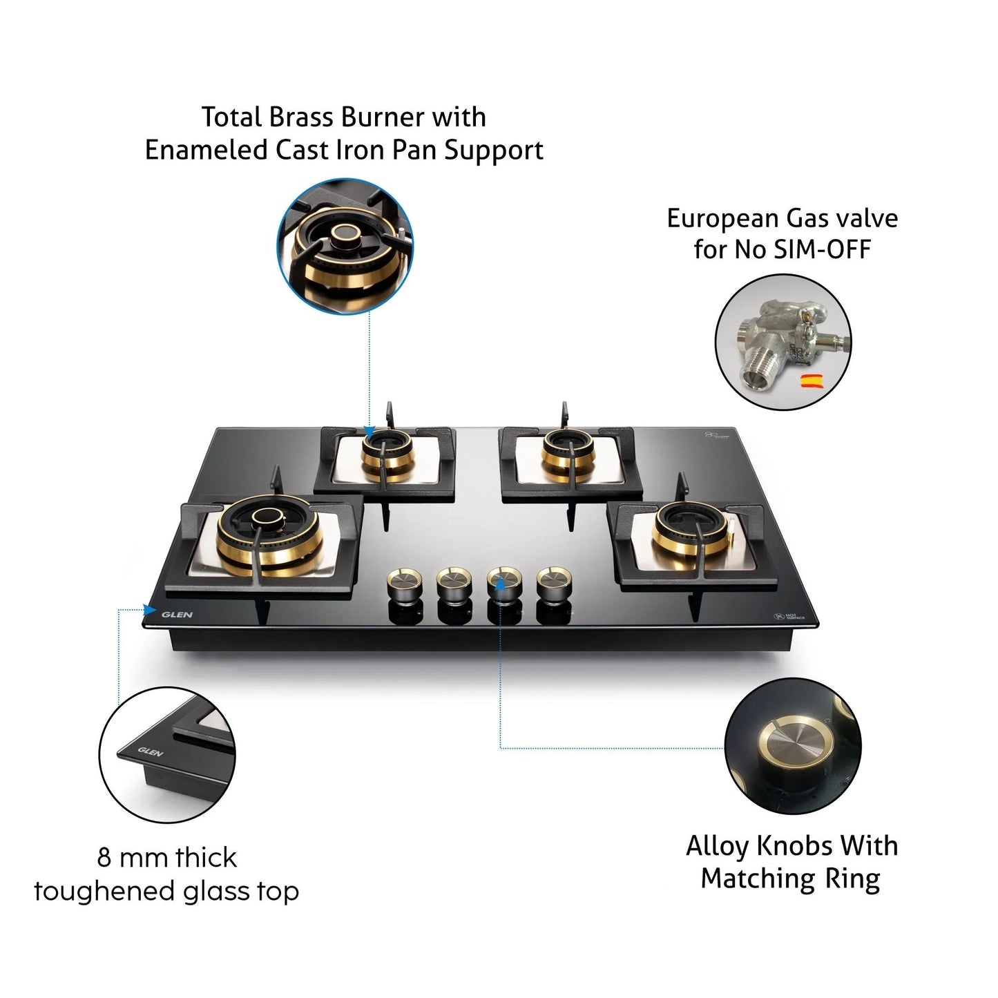 4 Burner Glass Gas Hob Top with Triple Ring, Total Double Ring Brass Burner with Flame Failure Device Auto Ignition (1074CIHTTDBTRS)