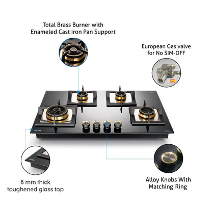 4 Burner Glass Gas Hob Top with Triple Ring, Total Double Ring Brass Burner with Flame Failure Device Auto Ignition (1074CIHTTDBTRS)