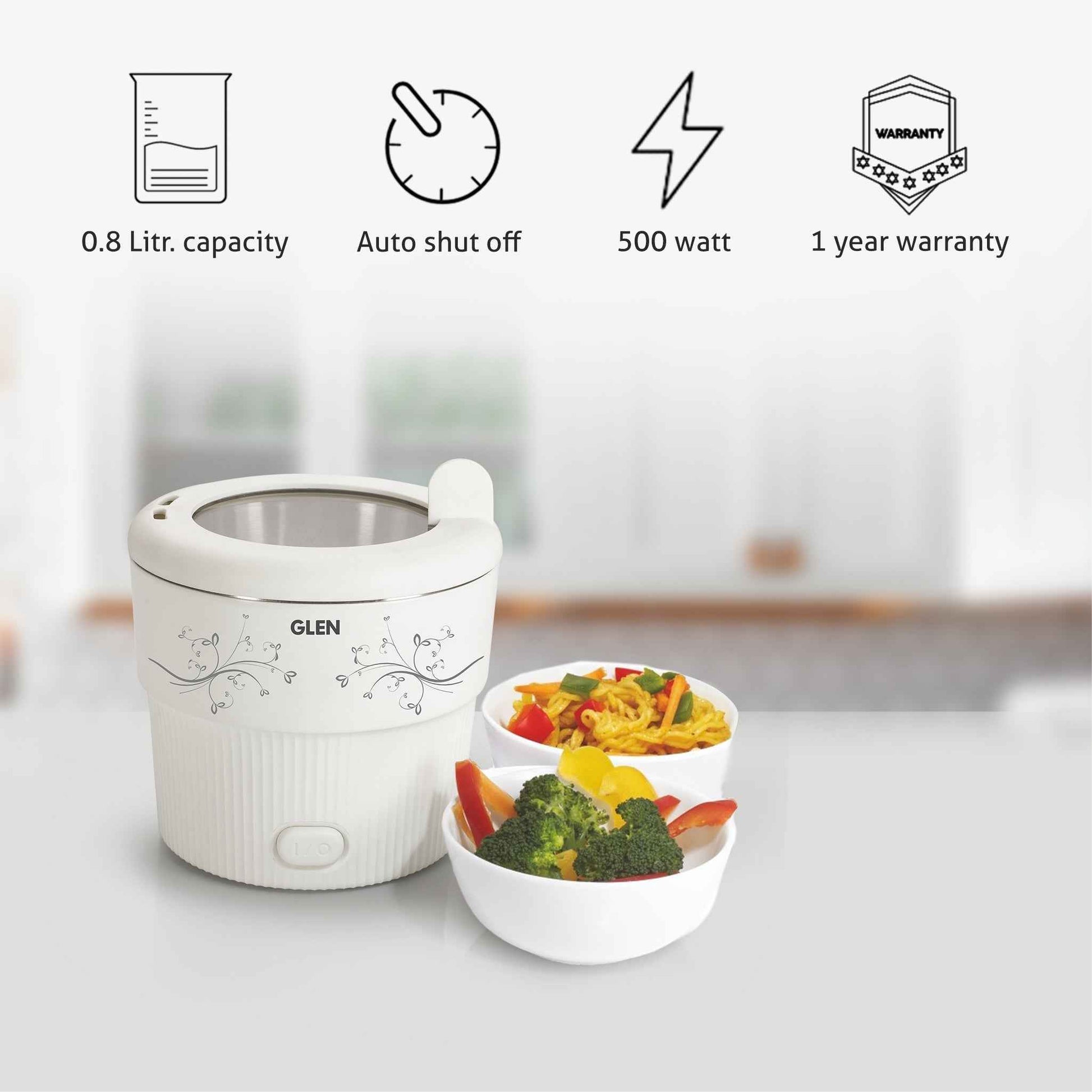 Electric Mini Cooker, 0.8 Litre Steam, Cook & Boil 500W- White and Red (3054)
