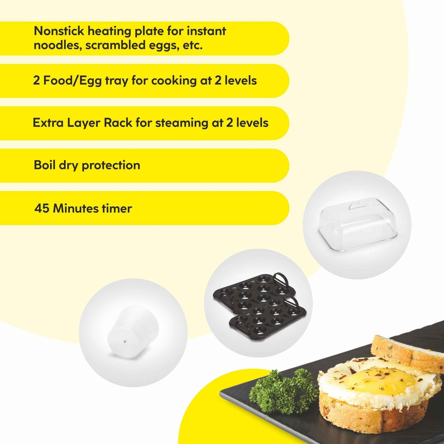 3 in 1 Electric Multi Cooker Egg Boiler with Extra Layer Rack - Steam, Cook & Boil, 45 Minutes Timer, 350W -(3035MCPLUS)