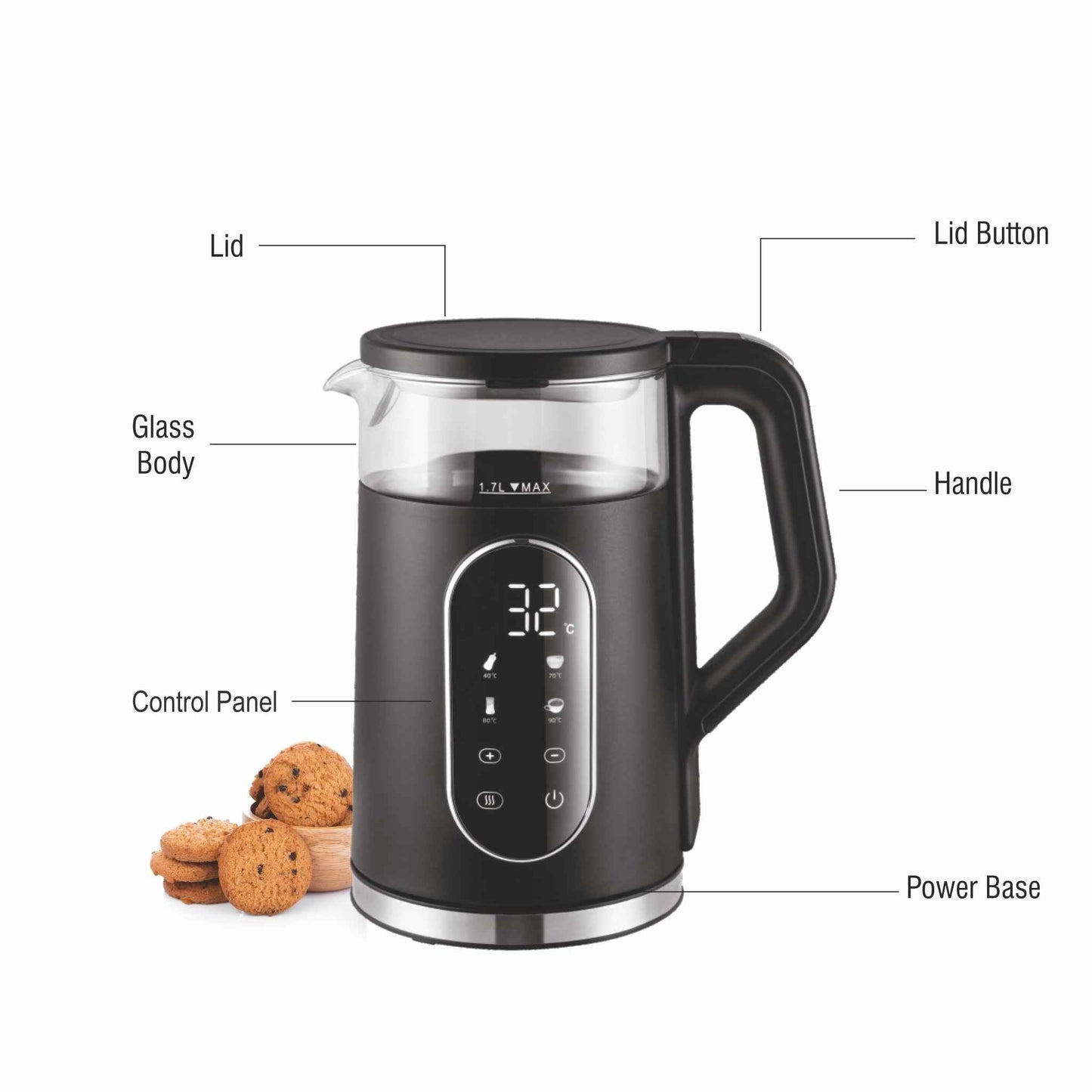 Electric Kettle 1.5 Litre with Digital Display Touch Control and 4 Pre Set Functions, Auto Shutoff, 2000W (SA-9008GLBL)