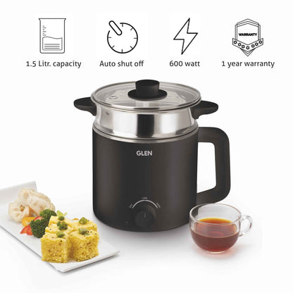 Multi Cook Electric Kettle, 1.5 Litre Steam, Cook & Boil 600W- Silver and Black (9016)