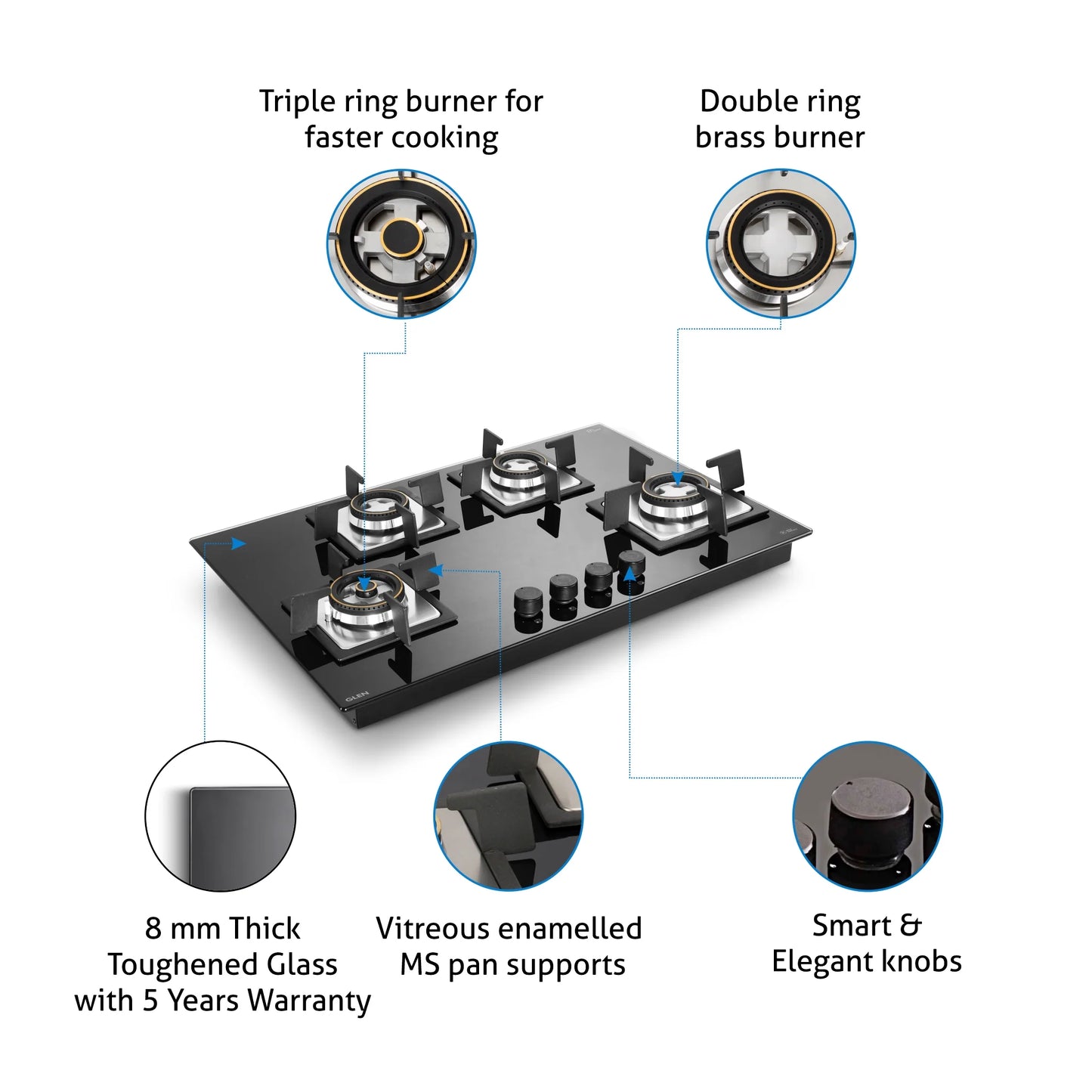 Glen 4 Burner Glass Gas Hob Top Mini Triple Ring Burner Double Ring Forged Brass Burner Auto Ignition (1074SQHTMTR)