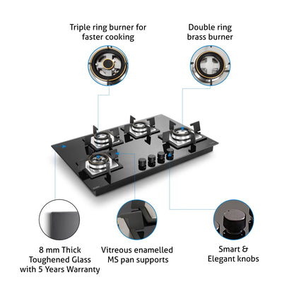 Glen 4 Burner Glass Gas Hob Top Mini Triple Ring Burner Double Ring Forged Brass Burner Auto Ignition (1074SQHTMTR)
