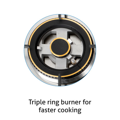 Glen 4 Burner Glass Gas Hob Top Mini Triple Ring Burner Double Ring Forged Brass Burner Auto Ignition (1074SQHTMTR)