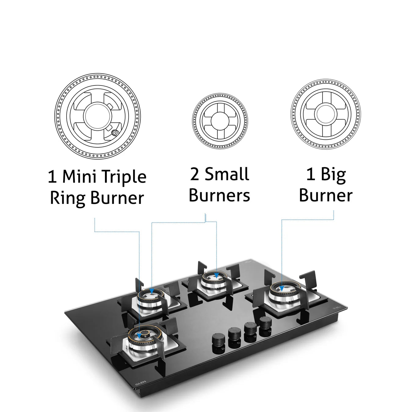 Glen 4 Burner Glass Gas Hob Top Mini Triple Ring Burner Double Ring Forged Brass Burner Auto Ignition (1074SQHTMTR)