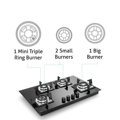 Glen 4 Burner Glass Gas Hob Top Mini Triple Ring Burner Double Ring Forged Brass Burner Auto Ignition (1074SQHTMTR)