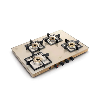 Glen 4 Burner Ultra Slim Apricot Glass Gas Stove 1 High Flame 3 Forged Brass Burner - Manual / Auto Ignition (CT1047US)