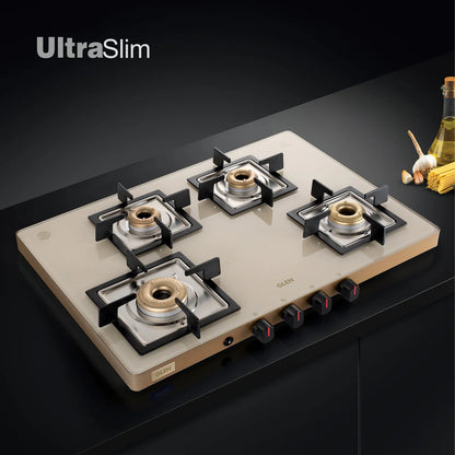 Glen 4 Burner Ultra Slim Apricot Glass Gas Stove 1 High Flame 3 Forged Brass Burner - Manual / Auto Ignition (CT1047US)