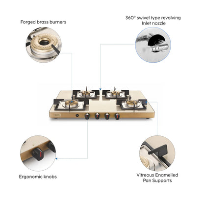 Glen 4 Burner Ultra Slim Apricot Glass Gas Stove 1 High Flame 3 Forged Brass Burner - Manual / Auto Ignition (CT1047US)