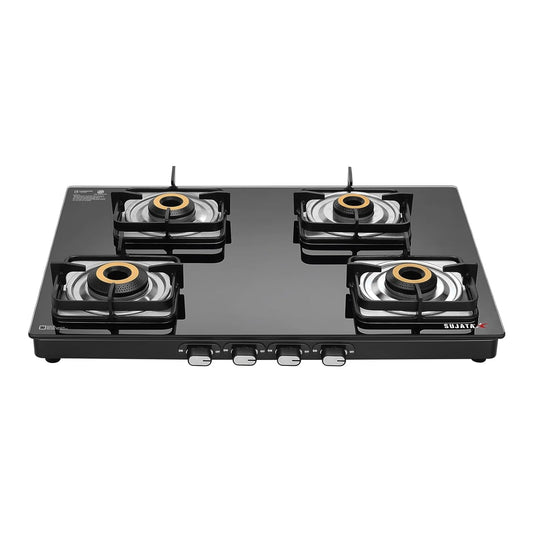 Sujata Classic Gas Stove | 9 Years Warranty | 4 Burner Stove | Gas Stove 4 Burners Glass Top, SABAF, ISI Certified, LPG & PNG Compatible, Jumbo Brass Burner (Black)