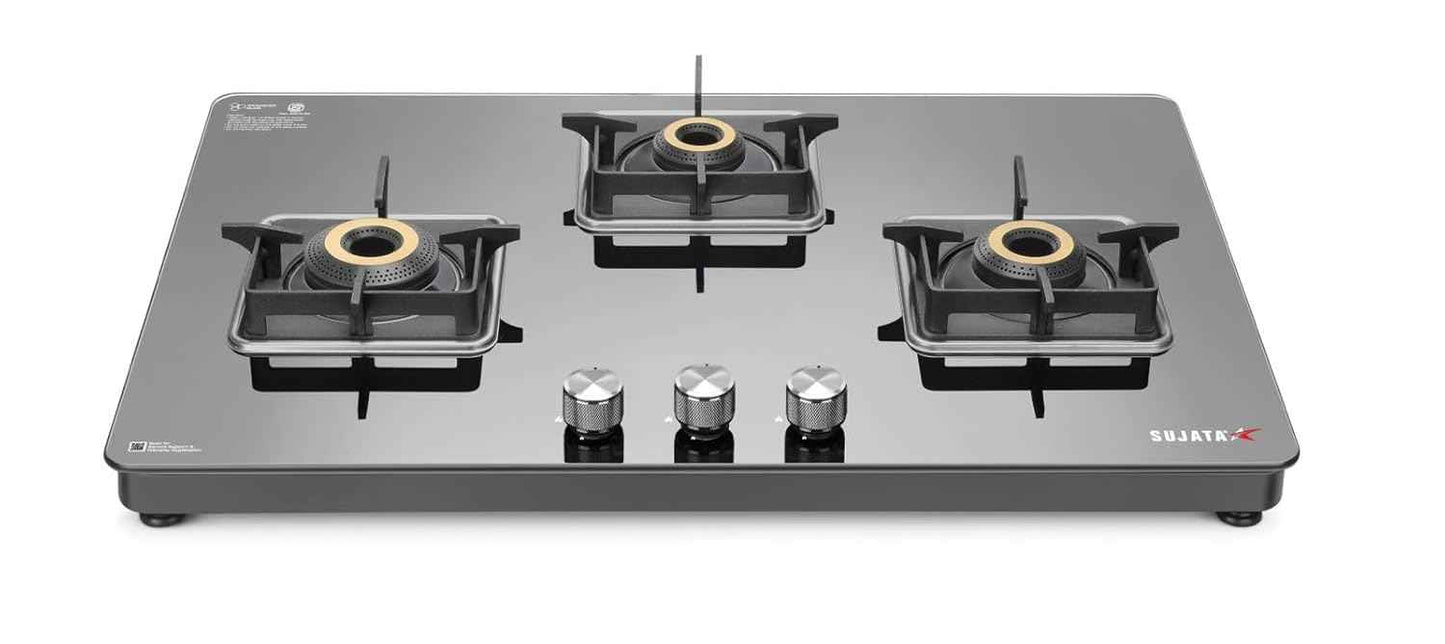Sujata 3 Burner Gas Stove Glass Top | 9 Years Warranty | Premium Gas Stove with Jumbo Brass Burners | SABAF Technology | ISI Certified | LPG & PNG Compatible | Manual (Black)