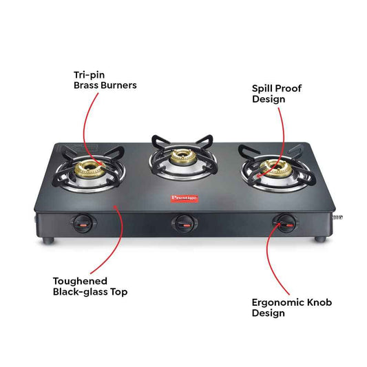Prestige Prestige Magic plus Toughened Glass-Top 3 Brass Burner LPG Gas Stove(GTMP-03) | Black Spill Proof Design | Ergono...
