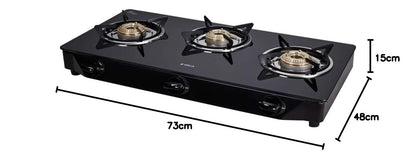 Elica Vetro 3 Burner Gas Stove (7031 CT VETRO Black) | Manual Ignition | Toughened Glass Top | High-Efficiency Brass Burners | Elegant Design | 2-Year Warranty