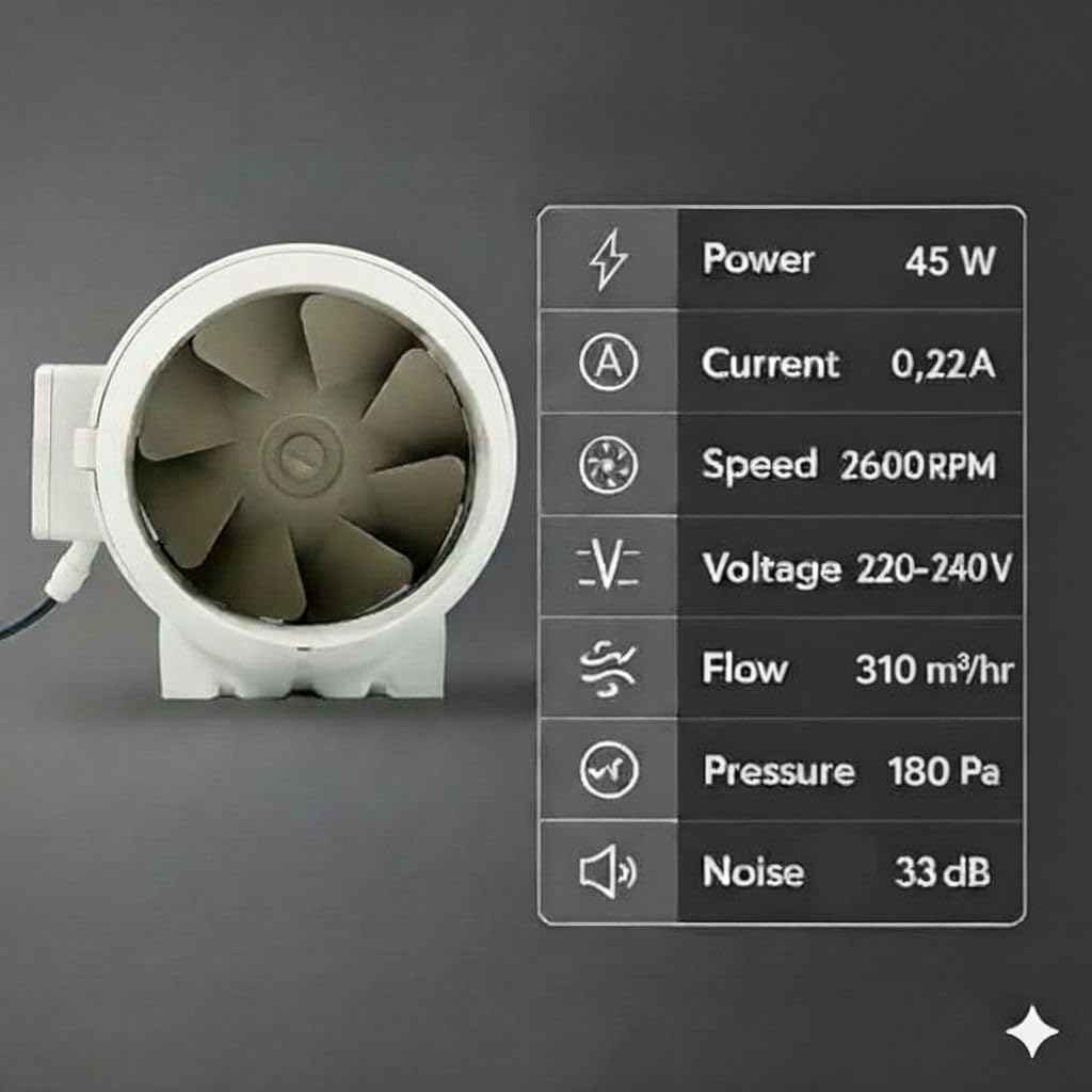 Inline Duct Fan |5 Inch | Silent Mix Flow Fan | Inline Exhaust Fan | Circular Inline Fan/Air Circulation System | White 45W Copper Motor | Airflow 310m3/h | 2 Speed | 2600 RPM