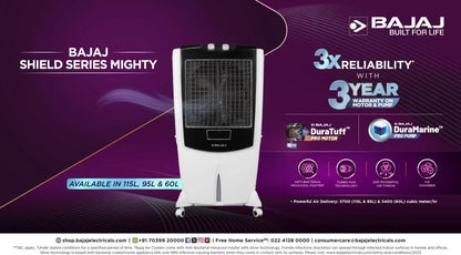 Bajaj Shield Series Mighty 115 Litre Desert Air Cooler For Home With Dura Marine Pro Pump| Dura Tuff Pro Motor| 3-Yr Warranty | Hexacool & Turbofan Technology | Ice Chamber | 3-Speed Control 【White】
