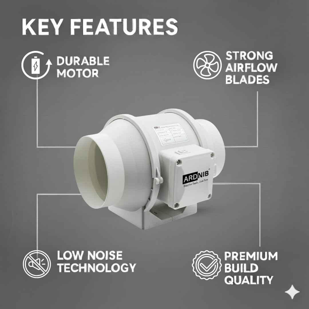 Inline Duct Fan |5 Inch | Silent Mix Flow Fan | Inline Exhaust Fan | Circular Inline Fan/Air Circulation System | White 45W Copper Motor | Airflow 310m3/h | 2 Speed | 2600 RPM