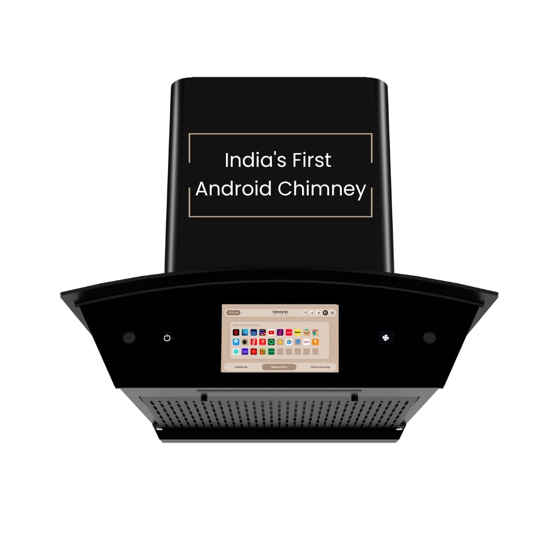 Beyond Appliances Asteria 60cm Auto Clean Kitchen Chimney | 1408 CMH Suction | Filterless | Curved Glass | Smart Screen & Speakers | Touch Control | Black Finish Kitchen Etto