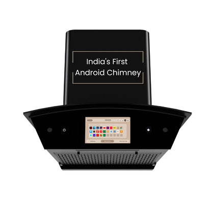 Beyond Appliances Asteria 60cm Auto Clean Kitchen Chimney | 1408 CMH Suction | Filterless | Curved Glass | Smart Screen & Speakers | Touch Control | Black Finish Kitchen Etto
