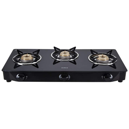 Elica Vetro 3 Burner Gas Stove (7031 CT VETRO Black) | Manual Ignition | Toughened Glass Top | High-Efficiency Brass Burners | Elegant Design | 2-Year Warranty