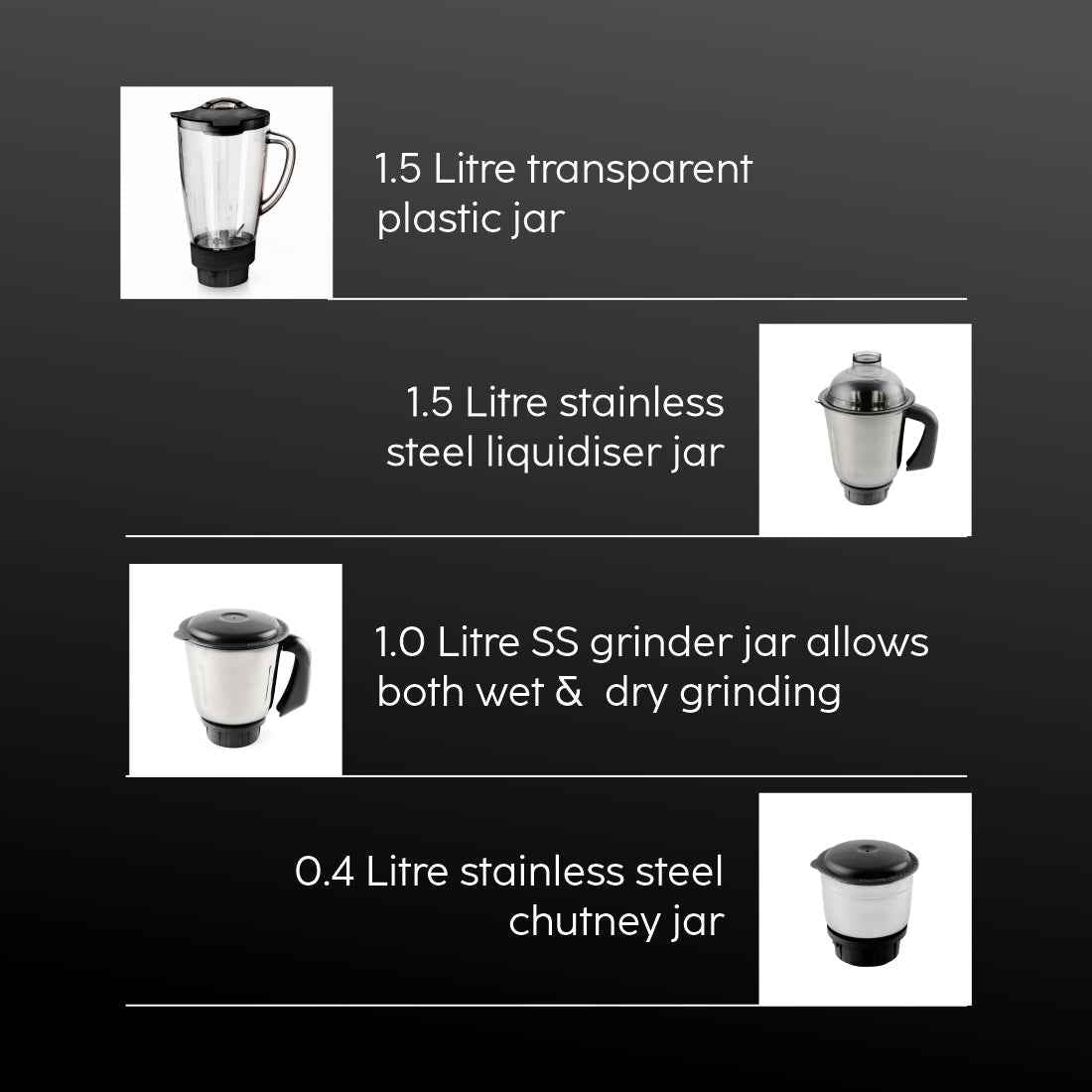 Mixer Grinder 750W with 1 Transparent Jar 3 Stainless Steel Jars - Black & Silver (SA4023PLATINUM)