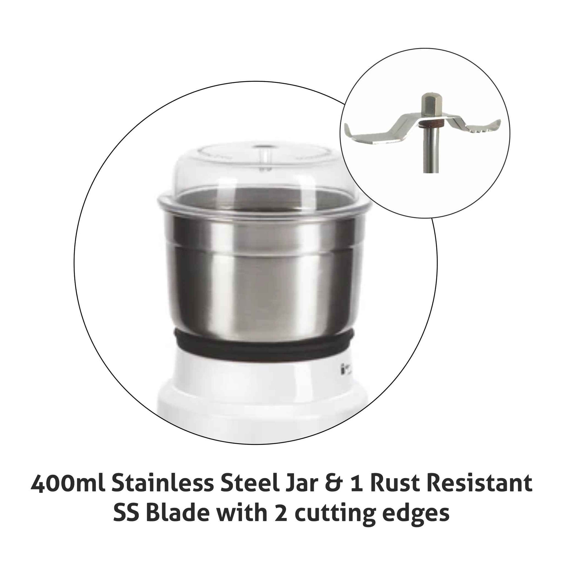 Electric Mini Grinder, 50gm SS Jar for Dry and Wet Grinding 350W - White (4045 NG)