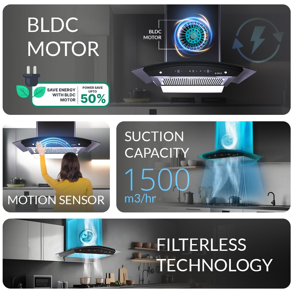 Elica 60cm 1500 m3/hr BLDC Filterless Autoclean Kitchen Chimney with 15 Years Motor & 5 Years Comprehensive Warranty | WDFL 600 BLDC HAC LTW MS NERO | Black | Touch + Motion Sensor Control Kitchen Etto