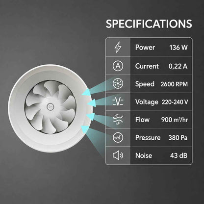 Inline Fan 8 Inch /200mm | Silent Mix Flow Fan | Inline Duct Fan | Inline Exhaust Fab/Circular Inline Fan/Air Circulation System |130W Copper Motor | Airflow 900m3/h | 2 Speed | White