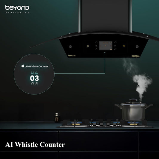 Beyond Appliances Arista 90cm Auto Clean Curve Kitchen Chimney | 1408 CMH Suction | Filterless | Smart AI Dashboard, Motion Sensor & Speakers | Touch Control | Radio | Whistle Counter | Black Kitchen Etto