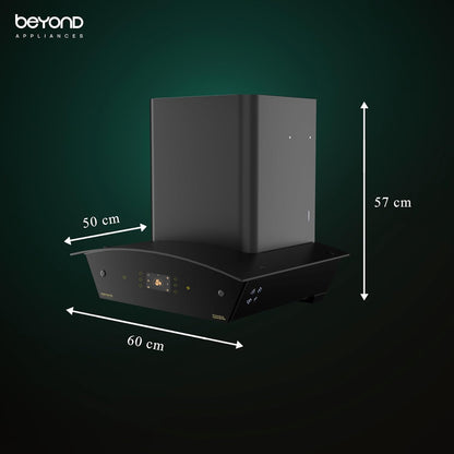 Beyond Appliances Arista 60cm Auto Clean Curve Kitchen Chimney | 1408 CMH Suction | Filterless | Smart AI Dashboard, Motion Sensor & Speakers | Touch Control | Radio | Whistle Counter | Black Kitchen Etto
