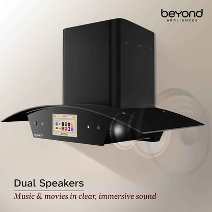 Beyond Appliances Asteria 90cm Auto Clean Kitchen Chimney | 1408 CMH Suction | Filterless | Curved Glass | Smart Screen & Speakers | Touch Control | Black Finish