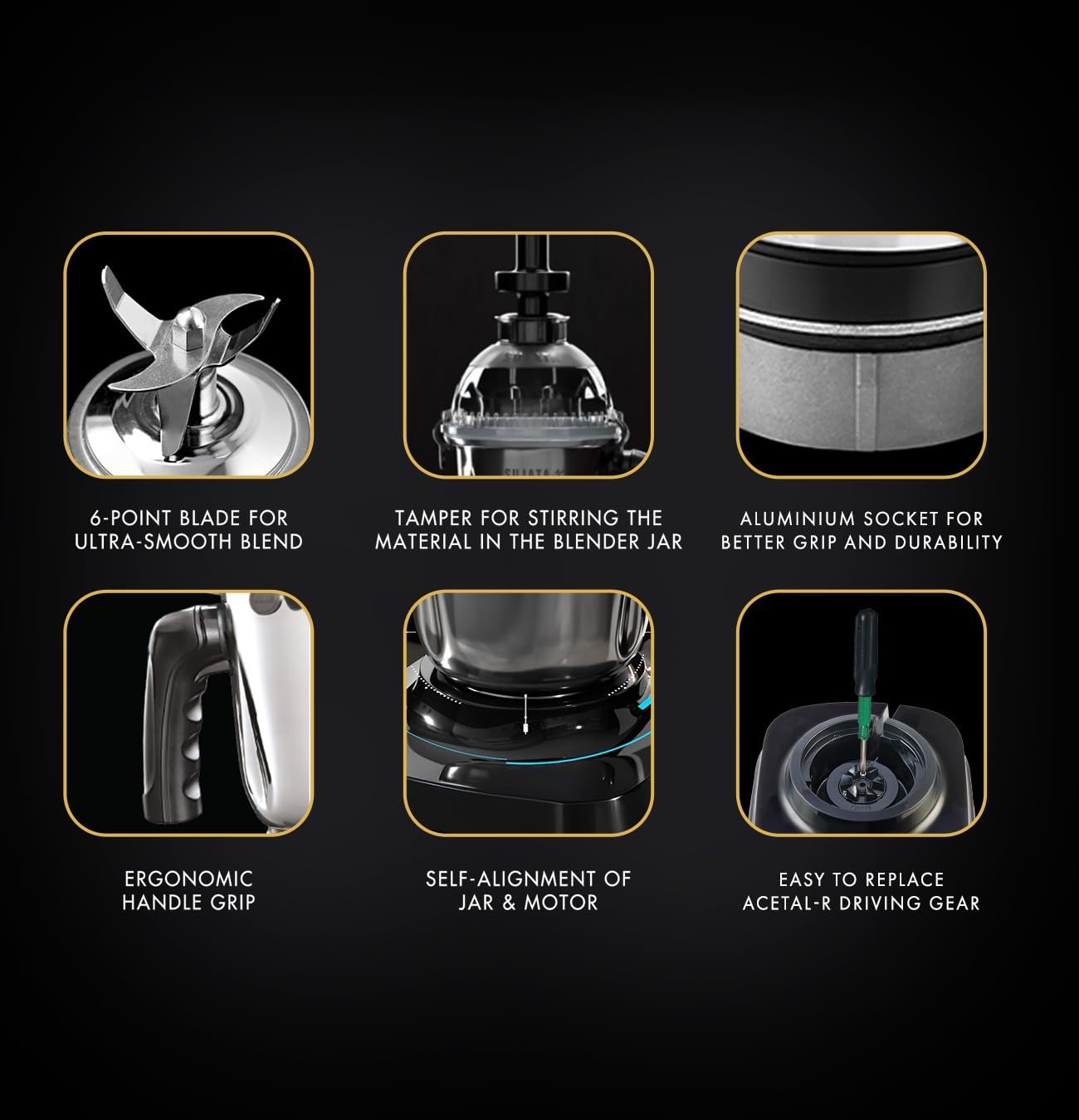 Sujata MG02 Mixer Grinder|1000 Watts Double Ball Bearing Motor|24000 RPM|Non-Stop 90 Mins Running|3 Food Grade Steel Jars including 1500ml Multipurpose, 1000ml Grinder, 500ml Chutney Jar| (Black) Kitchen Etto