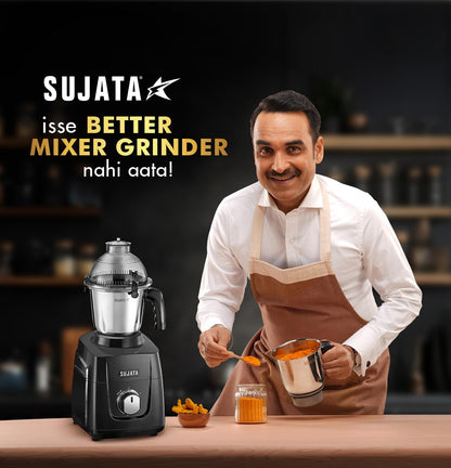 Sujata MG02 Mixer Grinder|1000 Watts Double Ball Bearing Motor|24000 RPM|Non-Stop 90 Mins Running|3 Food Grade Steel Jars including 1500ml Multipurpose, 1000ml Grinder, 500ml Chutney Jar| (Black) Kitchen Etto