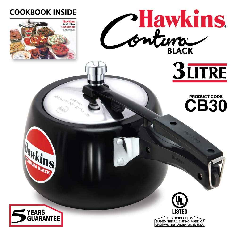 Hawkins 3 Litre Contura Black Pressure Cooker, Hard Anodised Inner Lid Cooker, Handi Cooker, Black (CB30) (Pack of 2)