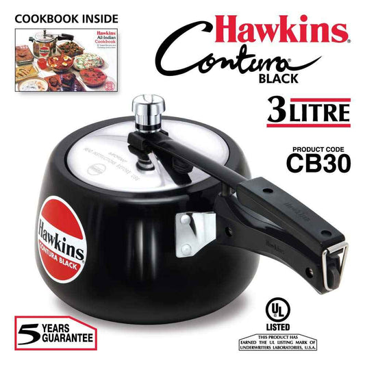 Hawkins 3 Litre Contura Black Pressure Cooker, Hard Anodised Inner Lid Cooker, Handi Cooker, Black (CB30) (Pack of 2)