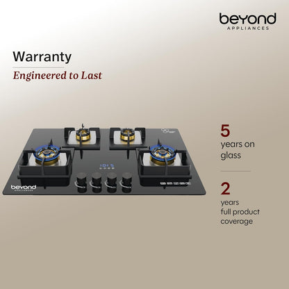 Beyond Appliances Dorado 4 Burner Smart Glass Hobtop Gas Stove | Auto Ignition | Digital Timer | Flame Failure Device | Toughened Glass | LPG & PNG Compatible Kitchen Etto