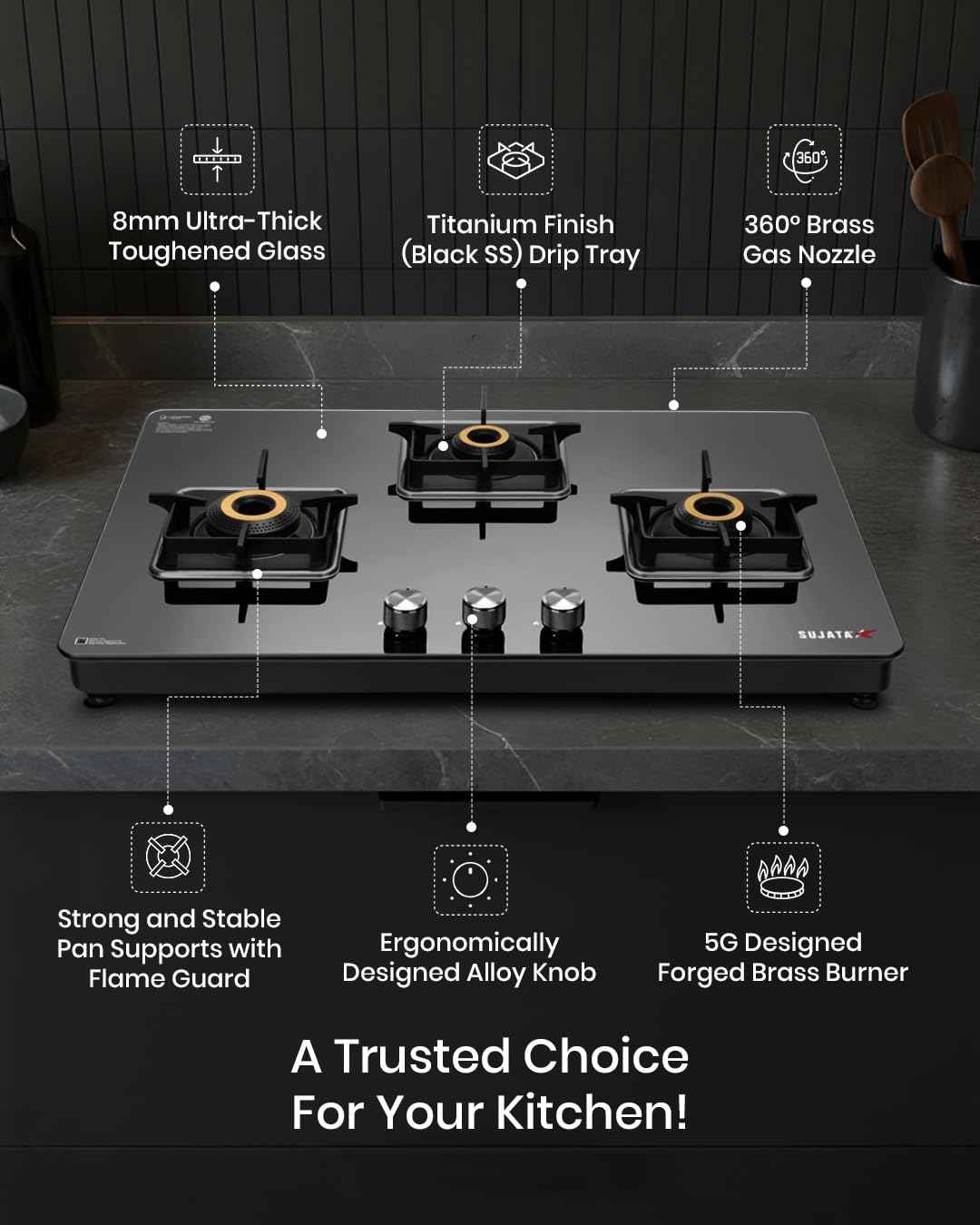 Sujata 3 Burner Gas Stove Glass Top | 9 Years Warranty | Premium Gas Stove with Jumbo Brass Burners | SABAF Technology | ISI Certified | LPG & PNG Compatible | Manual (Black)