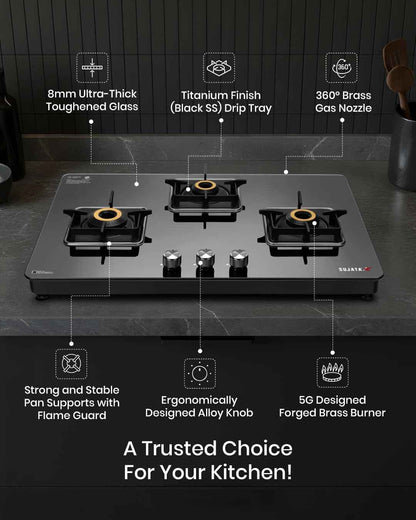 Sujata 3 Burner Gas Stove Glass Top | 9 Years Warranty | Premium Gas Stove with Jumbo Brass Burners | SABAF Technology | ISI Certified | LPG & PNG Compatible | Manual (Black)