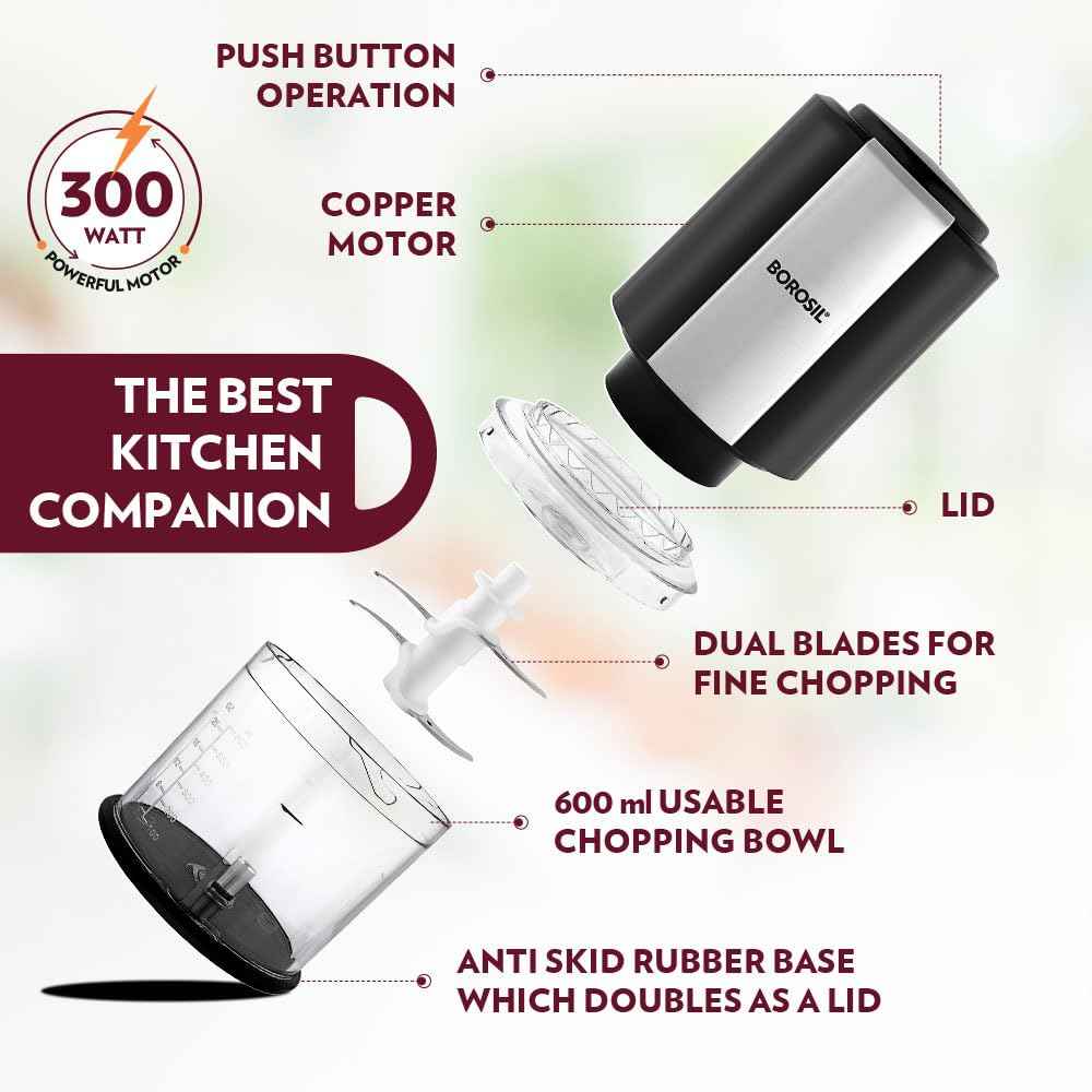 Borosil Chef Delite 300 Watts Electric Chopper for Kitchen, Twin Blade Technology, 600 ml 'chop-n-store' plastic bowl with lid, Vegetable Chopper, Cutter, Chop, Mince, Dice, Whisk, Blend