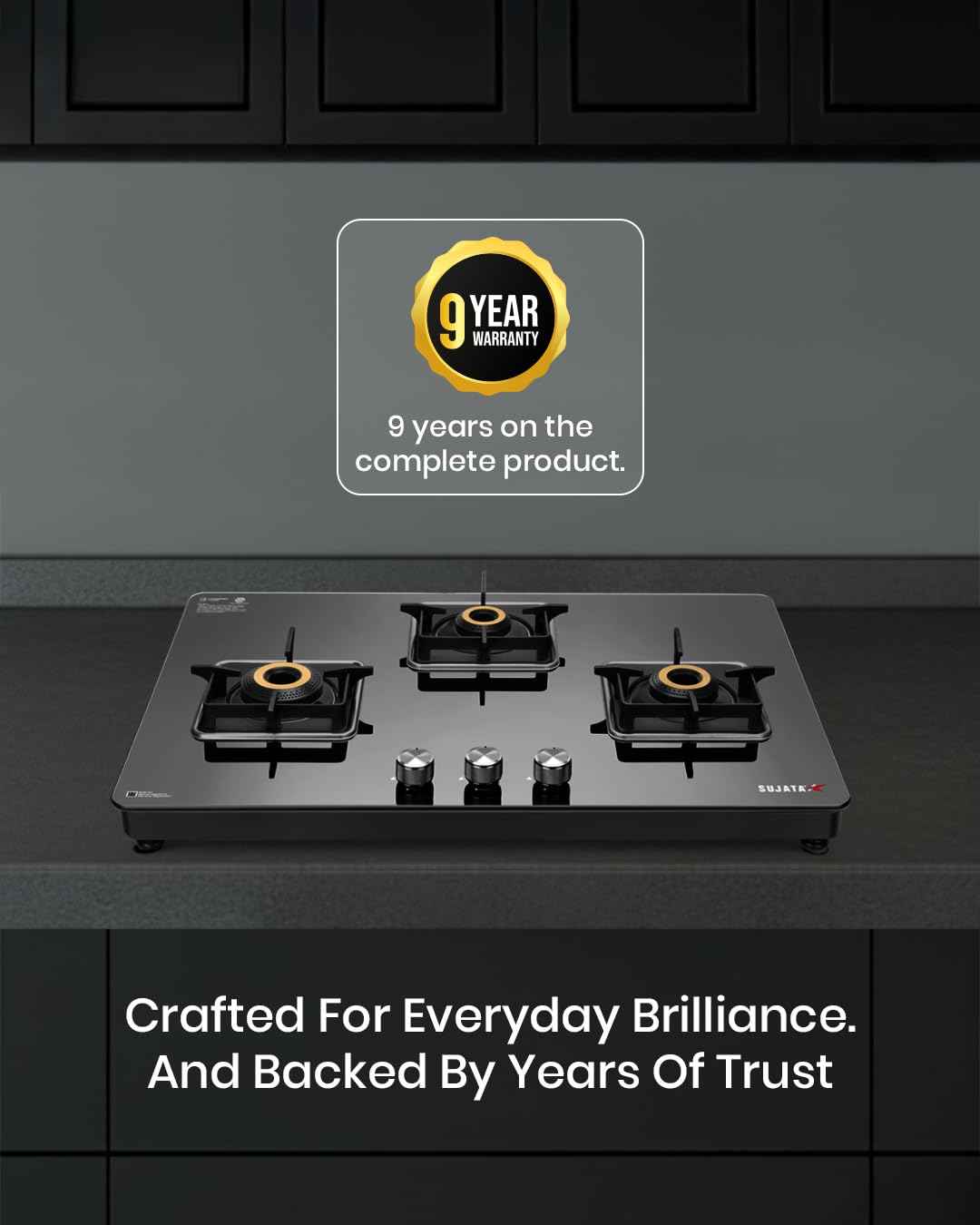 Sujata 3 Burner Gas Stove Glass Top | 9 Years Warranty | Premium Gas Stove with Jumbo Brass Burners | SABAF Technology | ISI Certified | LPG & PNG Compatible | Manual (Black)