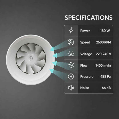 Inline fan (10"/250mm) Silent Mix Flow/Inline Duct Fan/Exhaust Inline/Circular Inline Fan/Air Circulation System/Fresh Air System, White 2 Speed | 180W |Air Flow 1400m3/h | Copper Motor