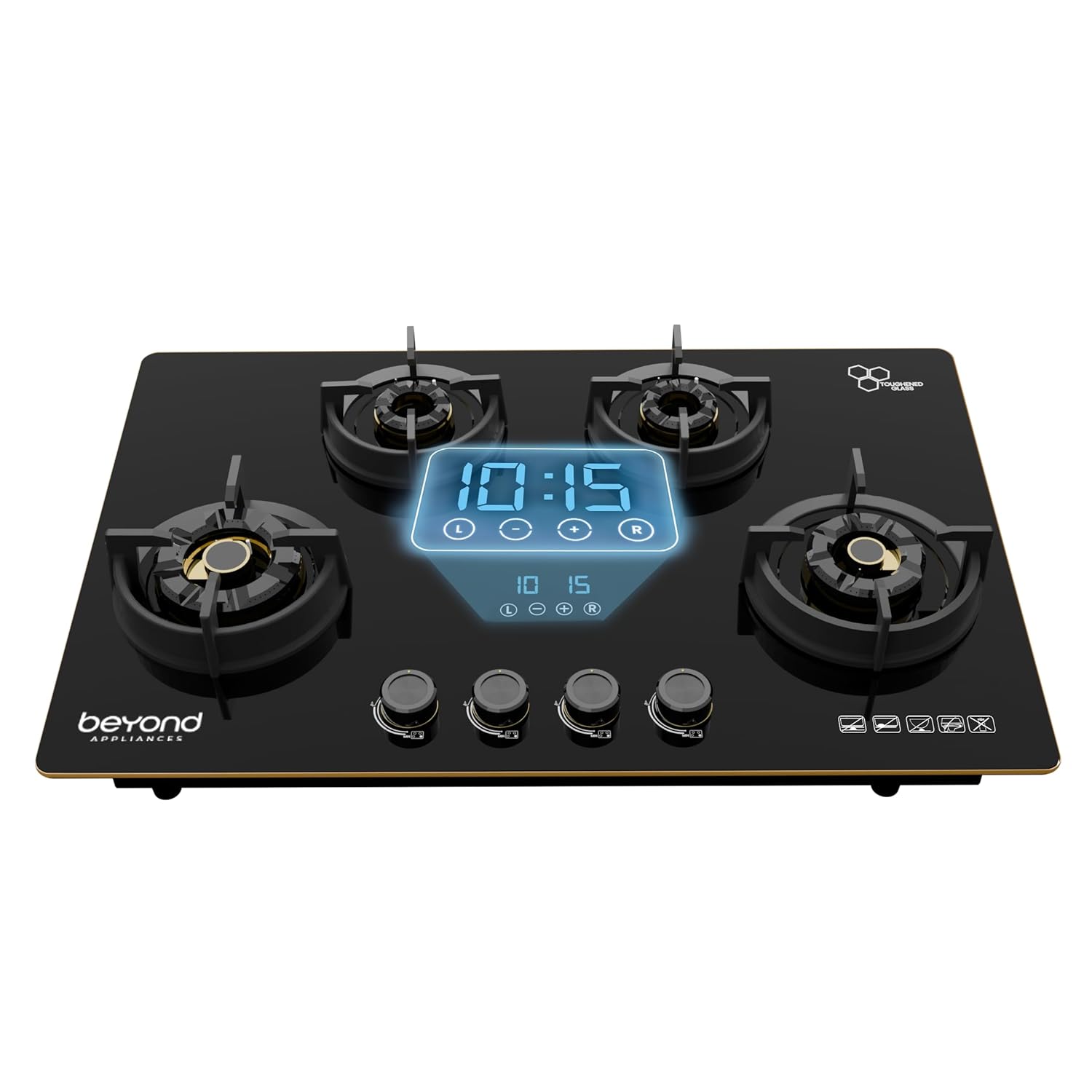 Beyond Appliances Altair 4 Burner Smart Glass Hobtop Gas Stove | Auto Ignition | Digital Timer | Flame Failure Device | Jumbo Burner | Toughened Glass | LPG & PNG Compatible Kitchen Etto