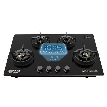 Beyond Appliances Altair 4 Burner Smart Glass Hobtop Gas Stove | Auto Ignition | Digital Timer | Flame Failure Device | Jumbo Burner | Toughened Glass | LPG & PNG Compatible Kitchen Etto